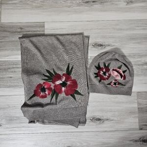 Floral J.jill  Embroidered Gray Scarf and Beanie Set